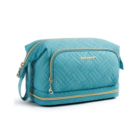 BAGSMART Double Layer Makeup Bag Travel Toiletry Bag Cosmetic Organizer Zipper Pouch for Lipsticks Electonic Accessories, Waterproof Portable, Multifunction, Blue