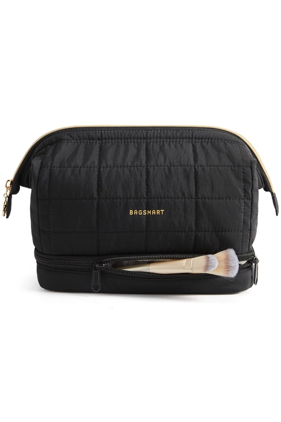 Double Layer Makeup Bag Wide-open Cosmetic Pouch Organizer Travel Toiletry Bag Essentials Accessories for Women Girls, Quilted Black