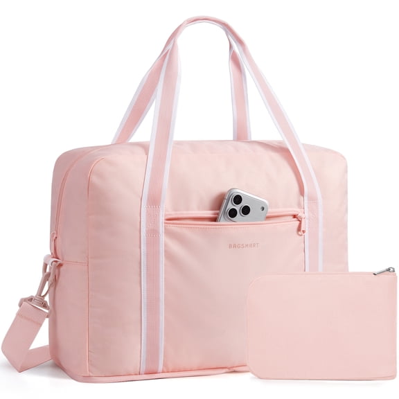 BAGSMART Foldable Travel Duffel Bag for Airline 18x14x8, Foldable Weekend Overnight Bag Tote Carry on Luggage, Unisex, Pink
