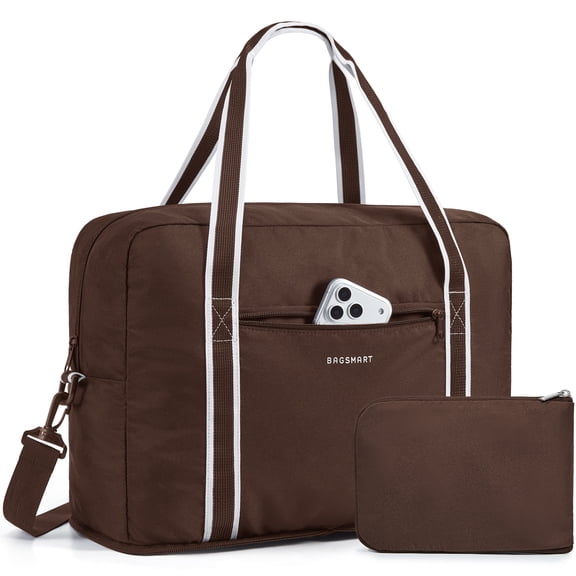 BAGSMART Foldable Travel Duffel Bag for Airline 18x14x8, Foldable Weekend Overnight Bag Tote Carry on Luggage, Unisex, Coffee Brown