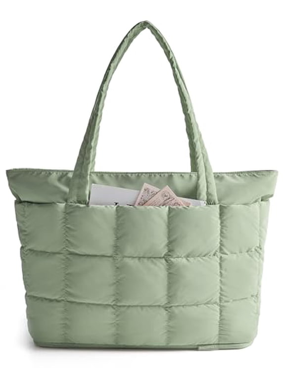 Expandable Tote Bag for Women, Puffer Small tote bag with Zipper, Travel Tote Bags Casual Handbags Nurse Bag, Green
