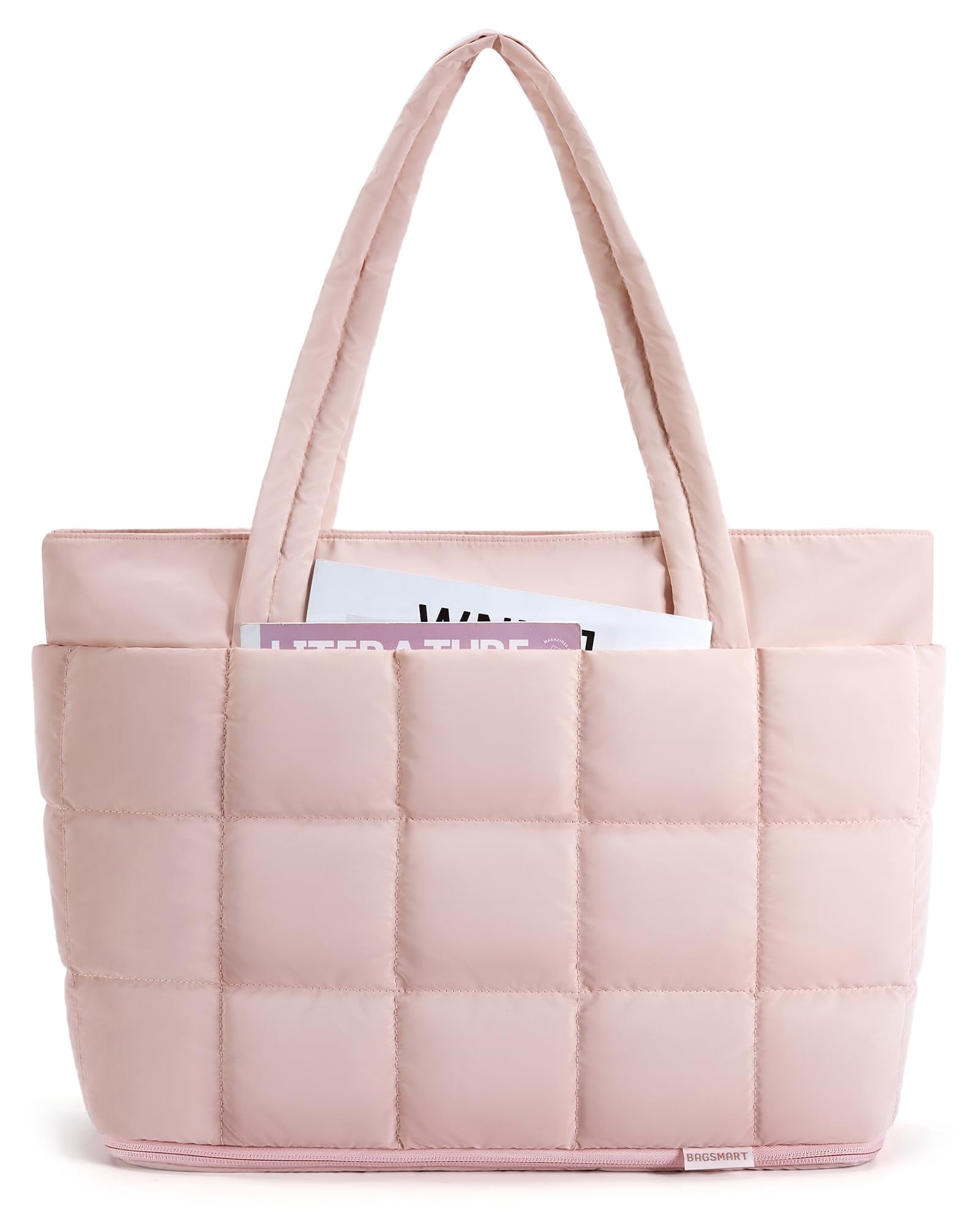BAGSMART Expandable Tote Bag for Women, Zipper Puffer Work Tote with Water-Resistant Quilted, Nurse and Carry-On Travel Bag, Pink