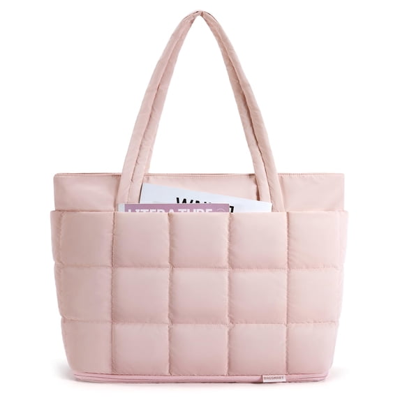 BAGSMART Expandable Tote Bag for Women, Zipper Puffer Work Tote with Water-Resistant Quilted, Nurse and Carry-On Travel Bag, Pink