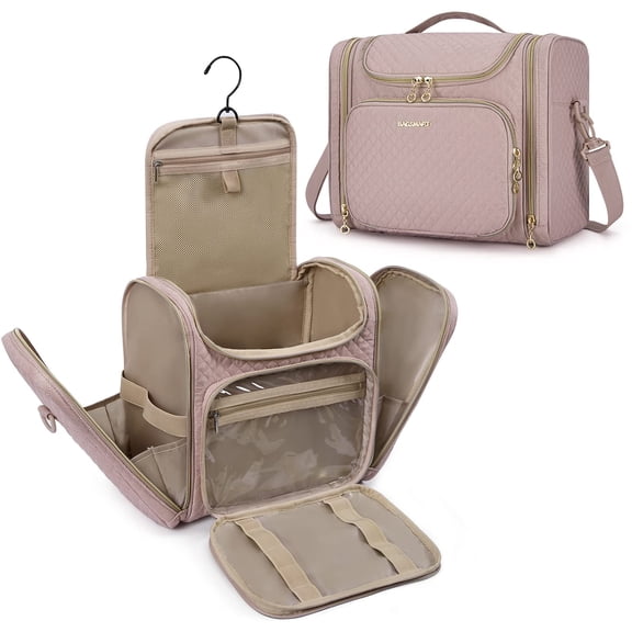 BAGSMART Extra Large Travel Toiletry Bag, Water-resistant Makeup Cosmetic Bag with Hanging Hook, Travel Toiletries Accessories Organizer Essentials, Full Sized Container, Pink