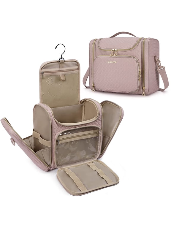 Extra Large Travel Toiletry Bag, Water-resistant Makeup Cosmetic Bag with Hanging Hook, Travel Toiletries Accessories Organizer Essentials, Full Sized Container, Pink