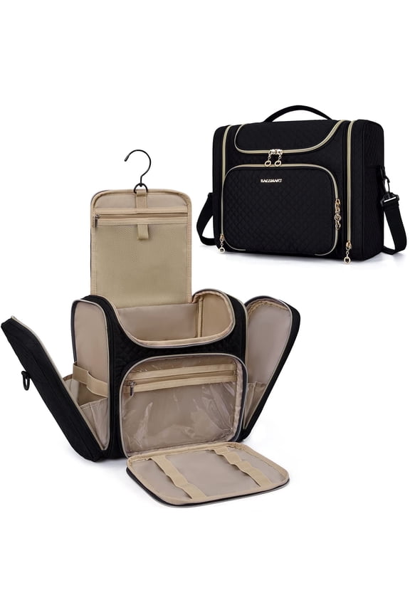 Extra Large Travel Toiletry Bag, Water-resistant Makeup Cosmetic Bag with Hanging Hook, Travel Toiletries Accessories Organizer Essentials, Full Sized Container, Black