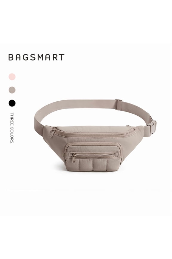 Fanny Packs for Women Two Way Zipper Belt Bag with Adjustable Strap, Puffy Fashion Waist Packs for Traveling Workout, Camel