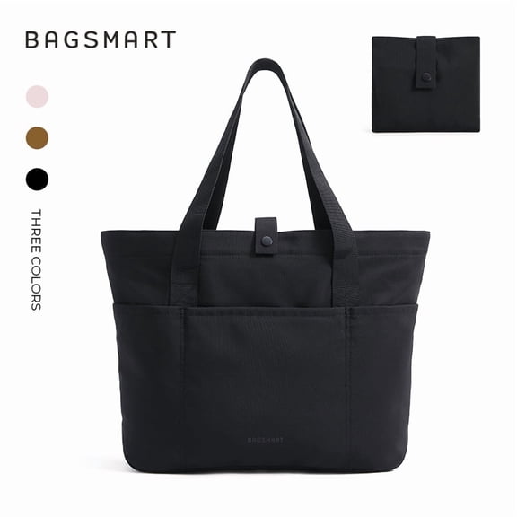 BAGSMART Foldable Tote Bag for Women, Laptop Tote Bag Top Handle Handbag for Travel, Work, Beach, Gym, Shop, Black