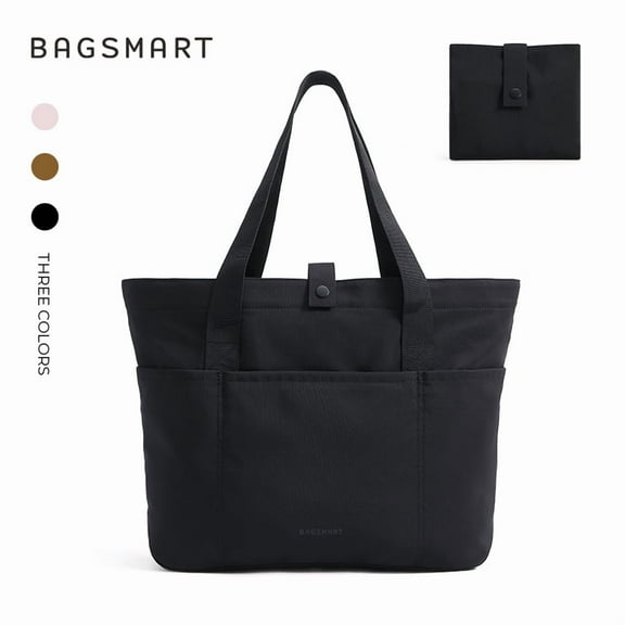 BAGSMART Foldable Tote Bag for Women, Laptop Tote Bag Top Handle Handbag for Travel, Work, Beach, Gym, Shop, Black