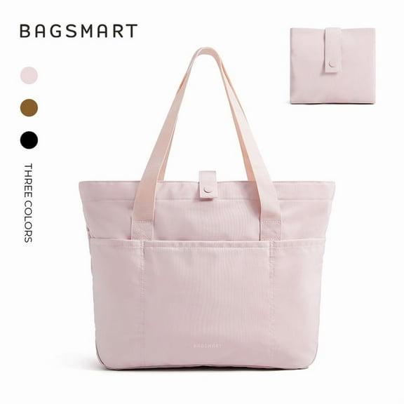 BAGSMART Foldable Tote Bag for Women, Laptop Tote Bag Top Handle Handbag for Travel, Work, Beach, Gym, Shop, Pink