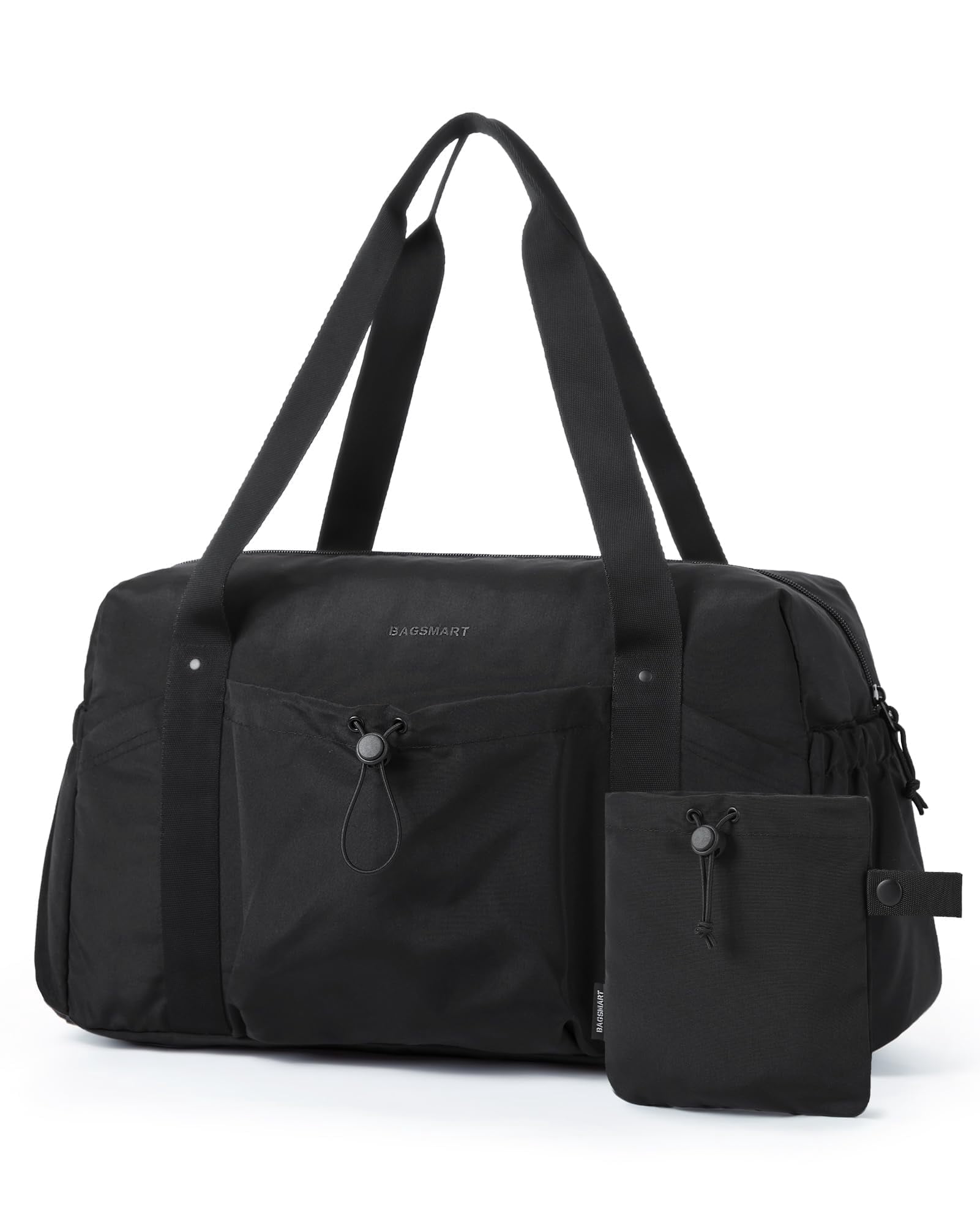 BAGSMART Foldable Travel Duffle Bag For Women, Gym Tote Bag for Sports, 26L Airport Carry On Weekender Overnight Bag for Travel, Travel Accessories, Black