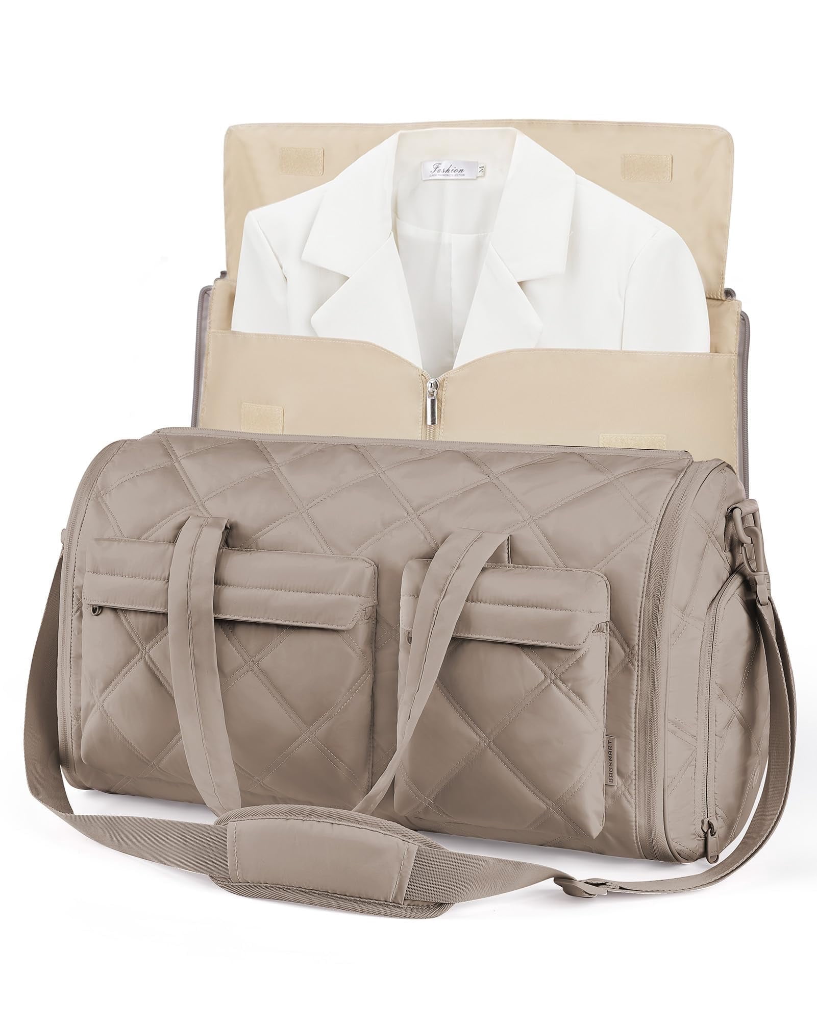BAGSMART Garment Bags for Travel for Women, Convertible Garment Duffel Bag Suit Bag, 2 in 1 Puffy Garment Bags for Hanging Clothes, Carry on Travel Duffle Bag Combo with Shoe Compartment, Camel
