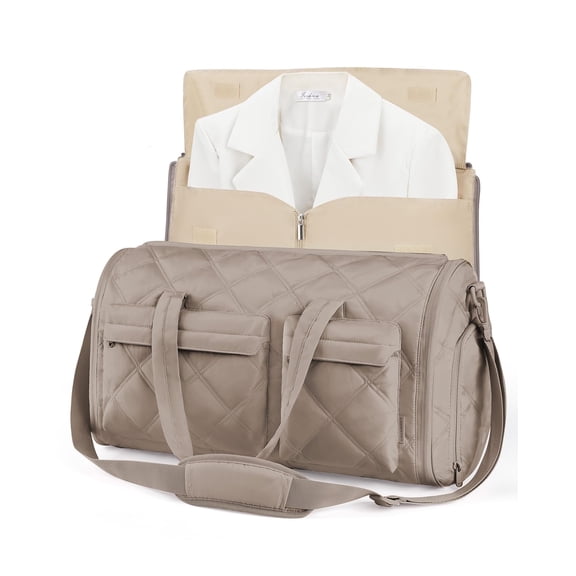 BAGSMART Garment Bags for Travel for Women, Convertible Garment Duffel Bag Suit Bag, 2 in 1 Puffy Garment Bags for Hanging Clothes, Carry on Travel Duffle Bag Combo with Shoe Compartment, Camel