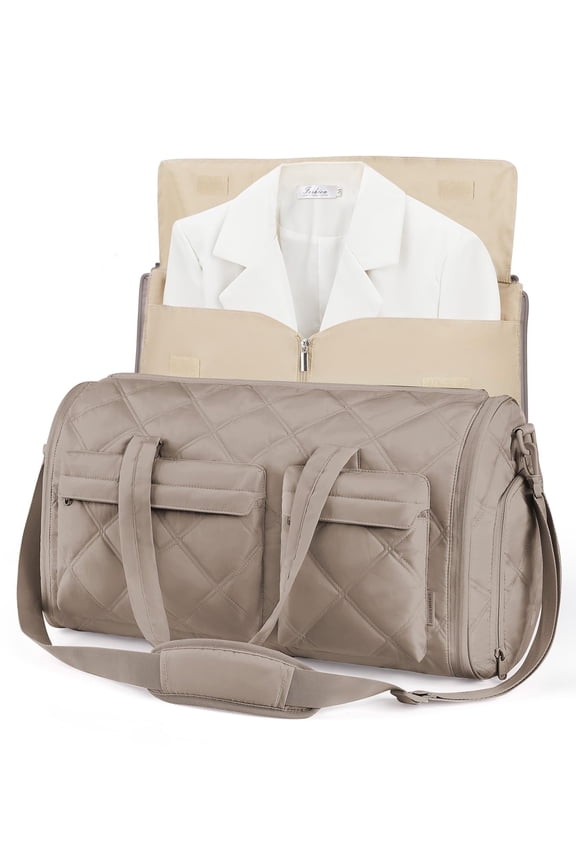 Garment Bags for Travel for Women, Convertible Garment Duffel Bag Suit Bag, 2 in 1 Puffy Garment Bags for Hanging Clothes, Carry on Travel Duffle Bag Combo with Shoe Compartment, Camel