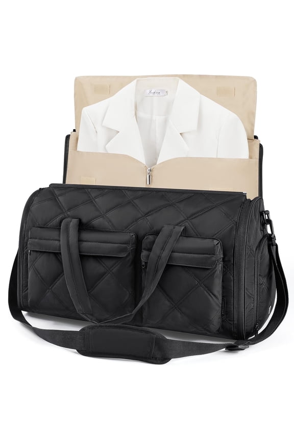 Garment Bags for Travel for Women, Convertible Garment Duffel Bag Suit Bag, 2 in 1 Puffy Garment Bags for Hanging Clothes, Carry on Travel Duffle Bag Combo with Shoe Compartment, Black