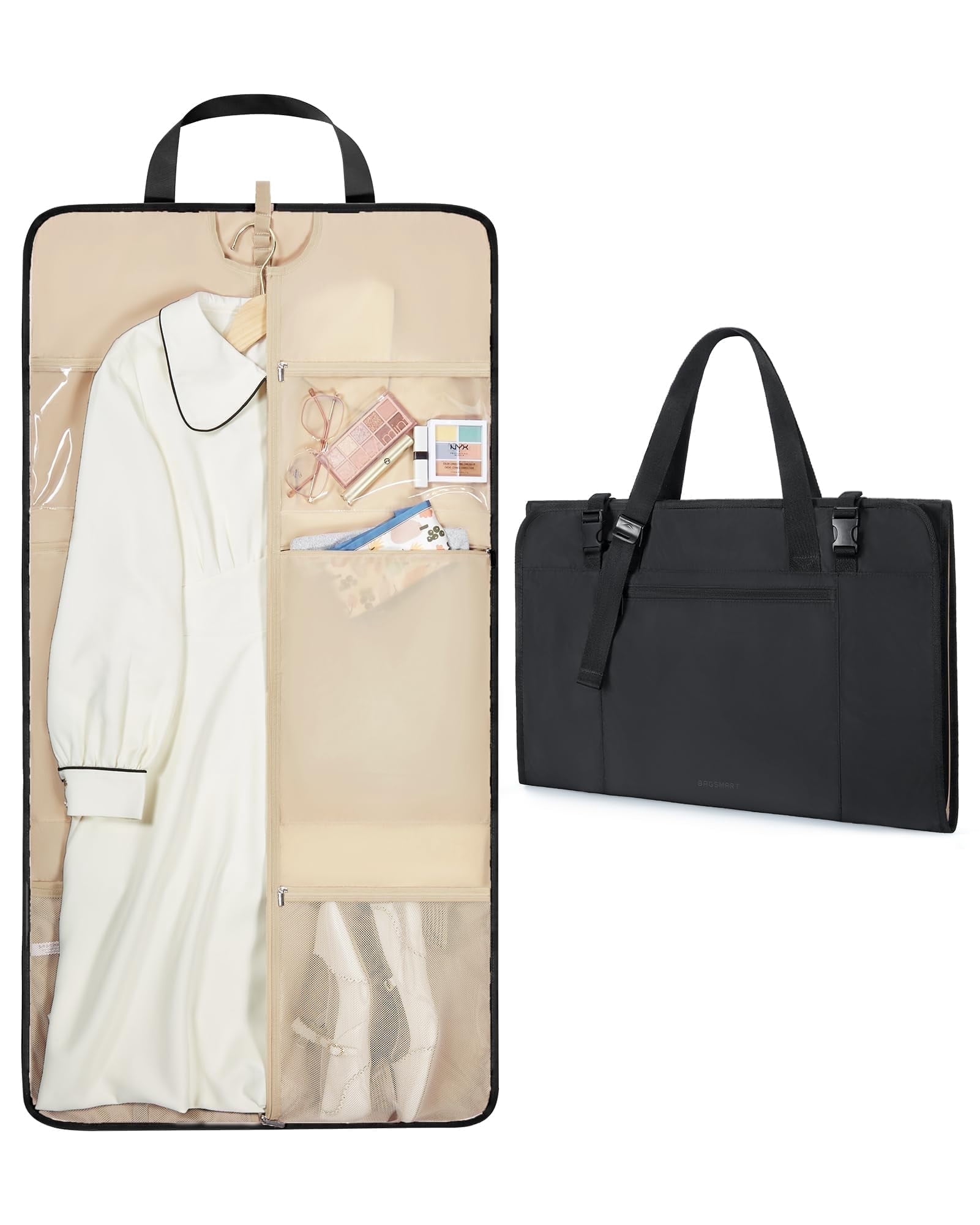 BAGSMART Garment Bags for Travel Foldable Carry on Suit Carrier for Hanging Clothes Stylish Dress Carrier Large Convertible Weekender Garment Bags for Women Men, Sleek Black