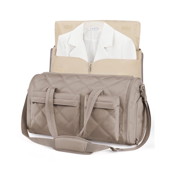 BAGSMART Garment Bags for Travel for Women, Convertible Garment Duffel Bag Suit Bag, 2 in 1 Puffy Garment Bags for Hanging Clothes, Carry on Travel Duffle Bag Combo with Shoe Compartment, Camel