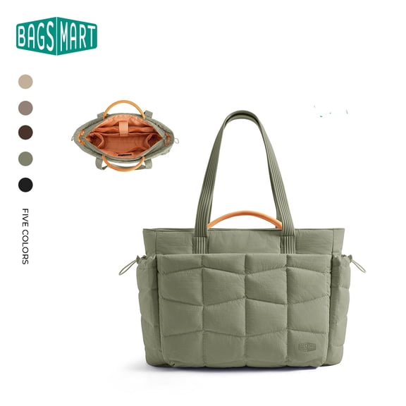 BAGSMART TRINI Tote Bag for 15.6" Laptop, Water-Resistant Shoulder Bag for Work Travel Commuter Handbag with Luggage Pass-Through, Green (Large)