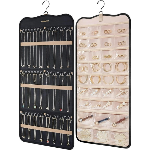BAGSMART Hanging Jewelry Organizer Storage with Hanger Metal Hooks Double-Sided Jewelry Holder for Earrings, Necklaces, Rings on Closet, Wall, Door, 1 piece Large Black