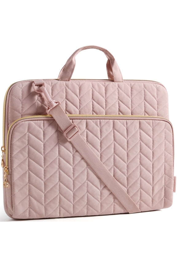 15.6"-16" Laptop Shoulder Bag Laptop Sleeve Case Compatible with MacBook Pro, HP, Dell, Acer Aspire, Asus Notebook, Shockproof Soft Padded Zipper Cover Carrying Computer Bag, Quilted Pink