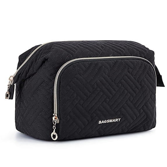 BAGSMART Large Capacity Makeup Bag Cosmetic Pouch, Wide-Open Travel Toiletry Bag Organizer Case for Lipsticks Electonic Accessories, Waterproof Portable, Multifunction, Black