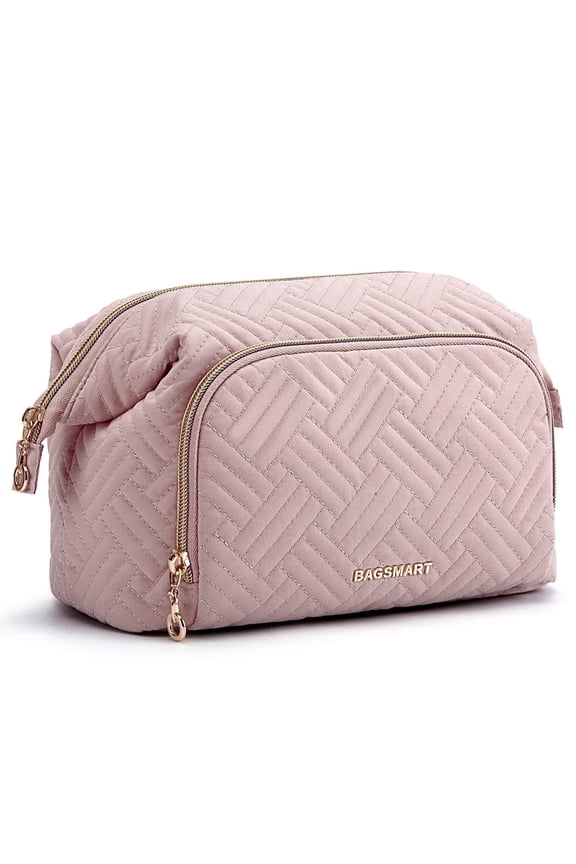 Large Capacity Makeup Bag Cosmetic Pouch, Wide-Open Travel Toiletry Bag Organizer Case for Lipsticks Electonic Accessories, Waterproof Portable, Multifunction, Pink