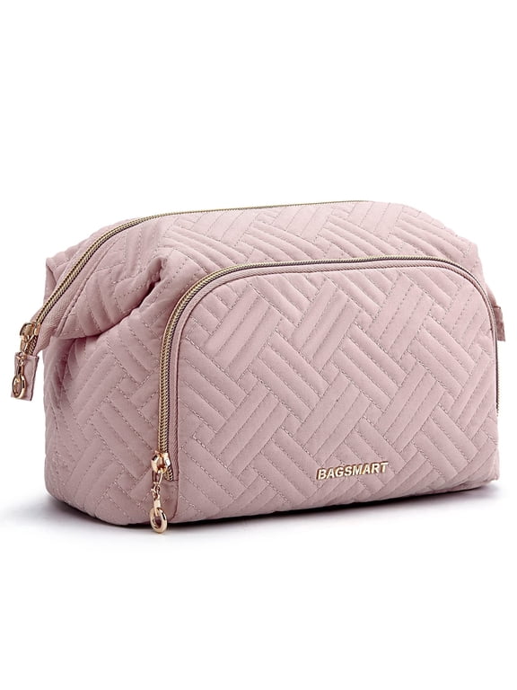 Large Capacity Makeup Bag Cosmetic Pouch, Wide-Open Travel Toiletry Bag Organizer Case for Lipsticks Electonic Accessories, Waterproof Portable, Multifunction, Pink