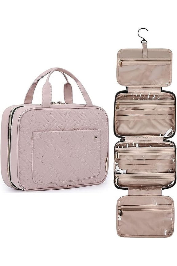 Large Size Travel Toiletry Bag with Hanging Hook, Water-resistant Makeup Cosmetic Bag Organizer for Toiletries Accessories, Travel Essentials, Pink