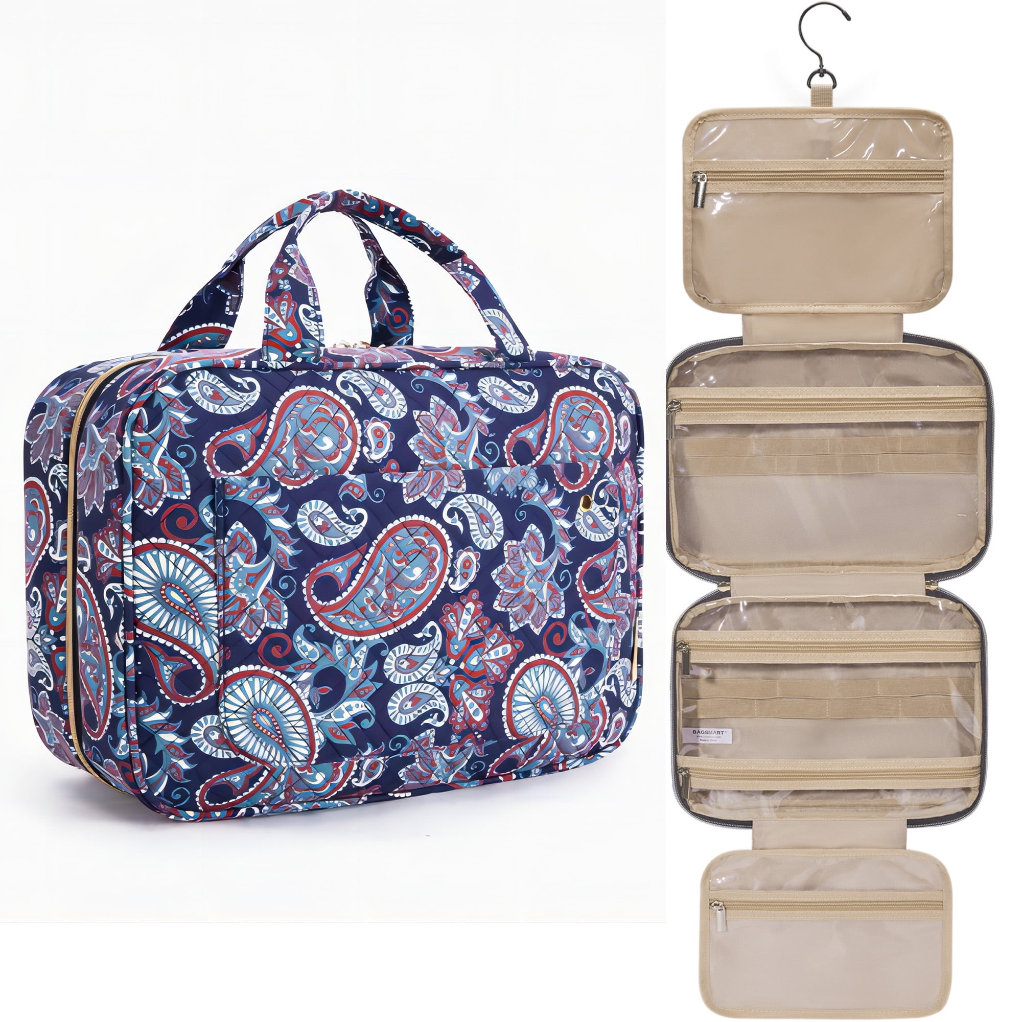 BAGSMART Large Travel Toiletry Bag Makeup Cosmetic Bag Travel Organizer with Hanging Hook for Toiletries Accessories Women Men Water resistant Full Sized Container Red Paisley Walmart Business Supplie...