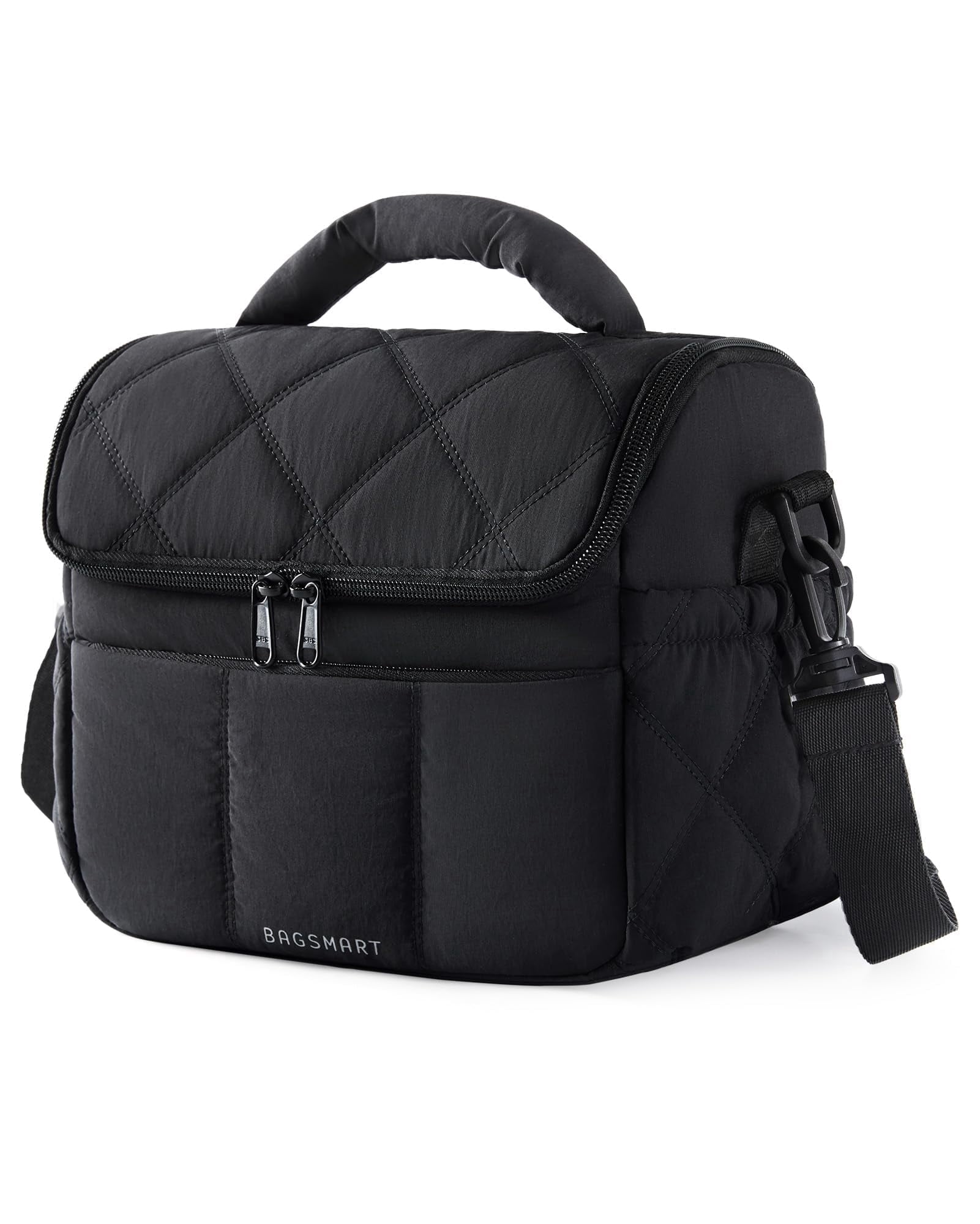 BAGSMART Insulated Lunch Bags for Women, Cute Quilted Lunch Box, Lightweight Puffy Padded Waterproof Lunch Tote, Reusable Lunch Cooler for Work Picnic Travel, Black