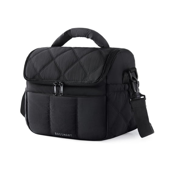 BAGSMART Insulated Lunch Bags for Women, Cute Quilted Lunch Box, Lightweight Puffy Padded Waterproof Lunch Tote, Reusable Lunch Cooler for Work Picnic Travel, Black