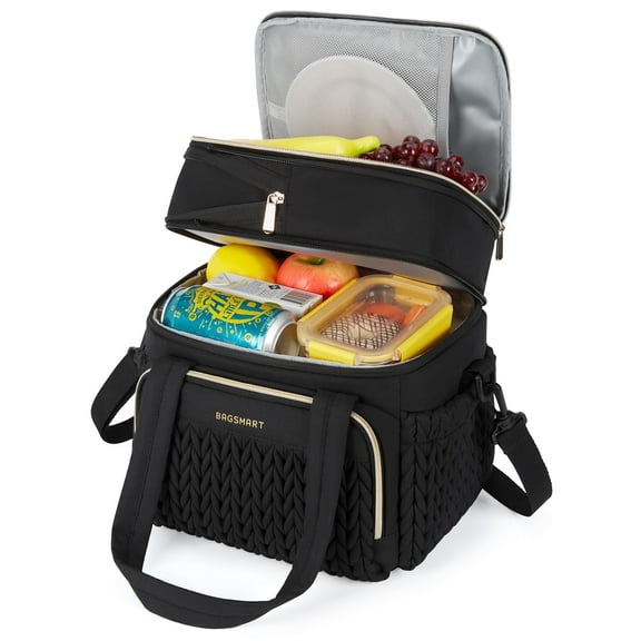 BAGSMART Insulated Lunch Box for Women, Double Deck Leakproof Cooler Bag with Expandable Design for Office Work & Outdoor Picnic, Black