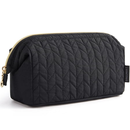 BAGSMART Wide-open Makeup Bag Cosmetic Pouch Organizer Travel Toiletry Bag Essentials Accessories for Women Girls, Leaf Quilted - Black