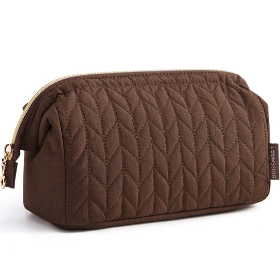 BAGSMART Wide-open Makeup Bag Cosmetic Pouch Organizer Travel Toiletry Bag Essentials Accessories for Women Girls, Leaf Quilted - Coffee