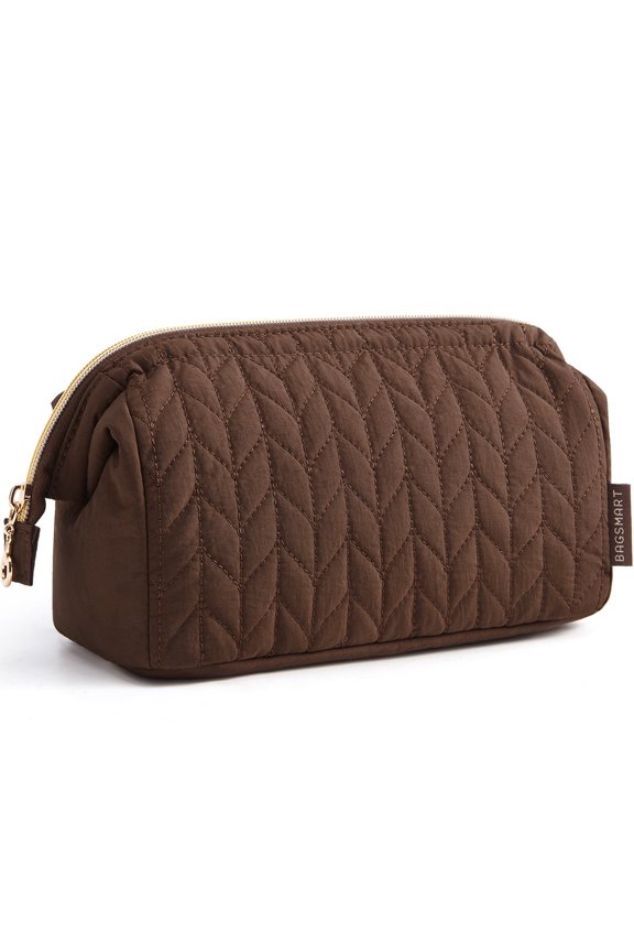 Wide-open Makeup Bag Cosmetic Pouch Organizer Travel Toiletry Bag Essentials Accessories for Women Girls, Leaf Quilted - Coffee