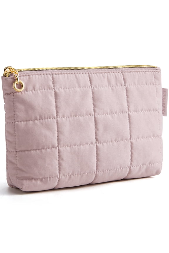 Small Makeup Bag, Water-Resistant Cosmetic Pouch Puffy Portable Travel Organizer for Women, Grid Quilted Pink