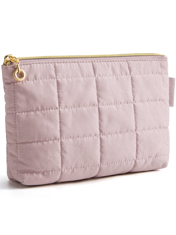 Small Makeup Bag, Water-Resistant Cosmetic Pouch Puffy Portable Travel Organizer for Women, Grid Quilted Pink