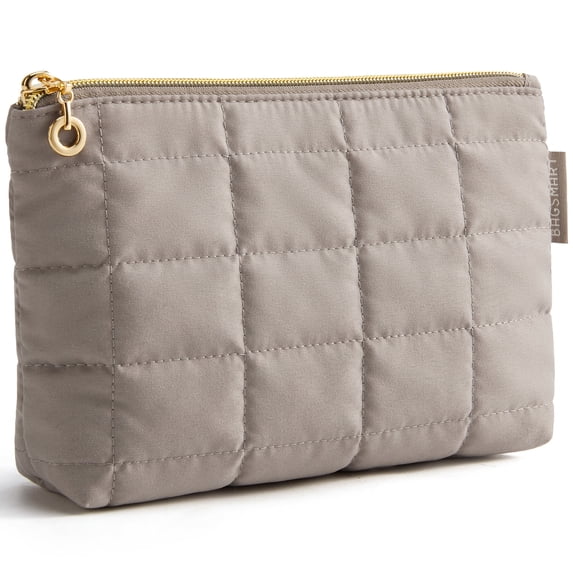 BAGSMART Small Makeup Bag, Water-Resistant Cosmetic Pouch Puffy Portable Travel Organizer for Women, Grid Quilted Camel
