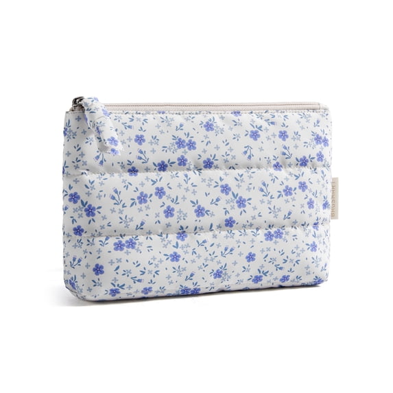 BAGSMART Small Makeup Bag, Puffy Portable Cosmetic Pouch with Charm Zipper, Water-Resistant Travel Organizer for Women, Blue Ditsy Floral Print