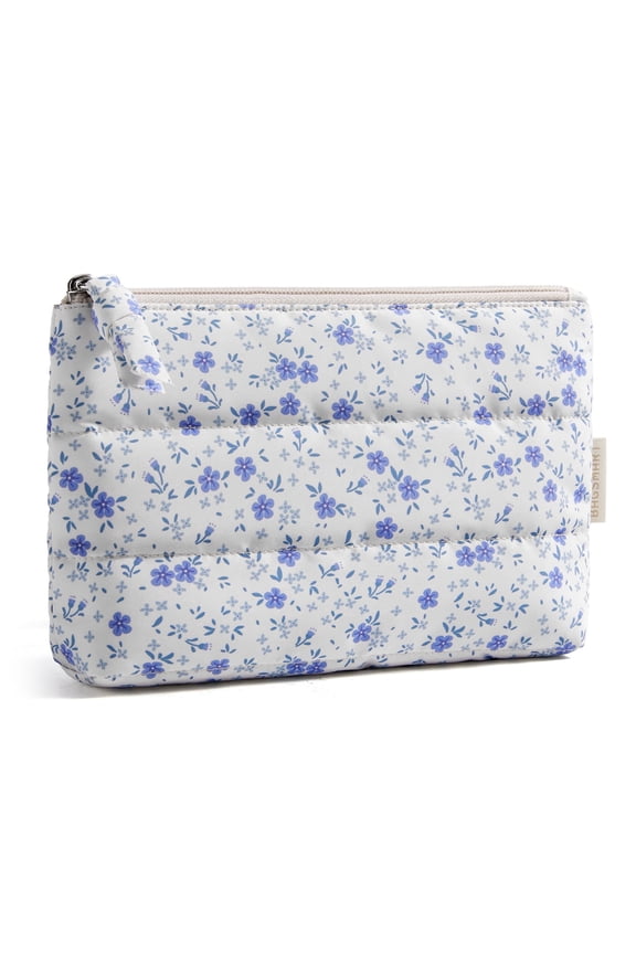 Small Makeup Bag, Puffy Portable Cosmetic Pouch with Charm Zipper, Water-Resistant Travel Organizer for Women, Blue Ditsy Floral Print