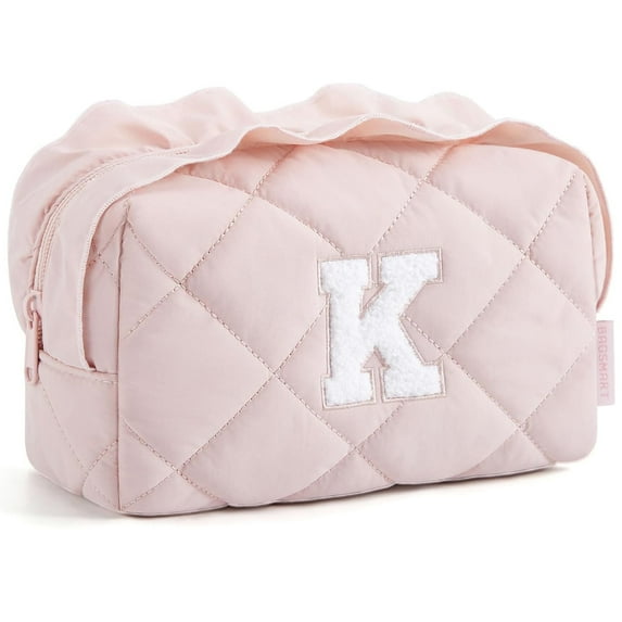 BAGSMART Small Makeup Bag, Travel Cosmetic Bags for Women, Puffy Makeup Pouch Organizer Case for Travel Essentials Toiletries Accessories Brushes, Letter K