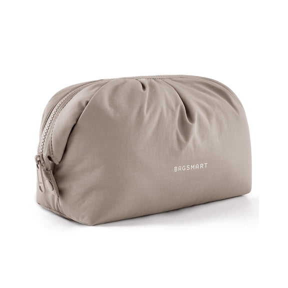 BAGSMART Makeup Bag Travel Makeup Bag, Cute Make Up Bag, Large Capacity Cosmetic Bags for Women, Wide-open Makeup Pouch Travel Essentials Toiletries Accessories Brushes, Camel