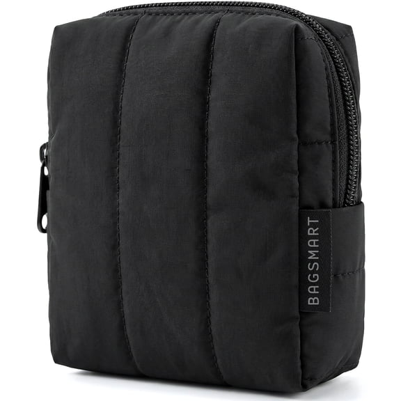 BAGSMART Small Travel Makeup Bag for Purse Toiletry Pouch, Puffy Padded Mini Cosmetics Bag, Cute Make Up Pouch for Women with Slip-in Pocket, Travel Essentials for Toiletries, Black