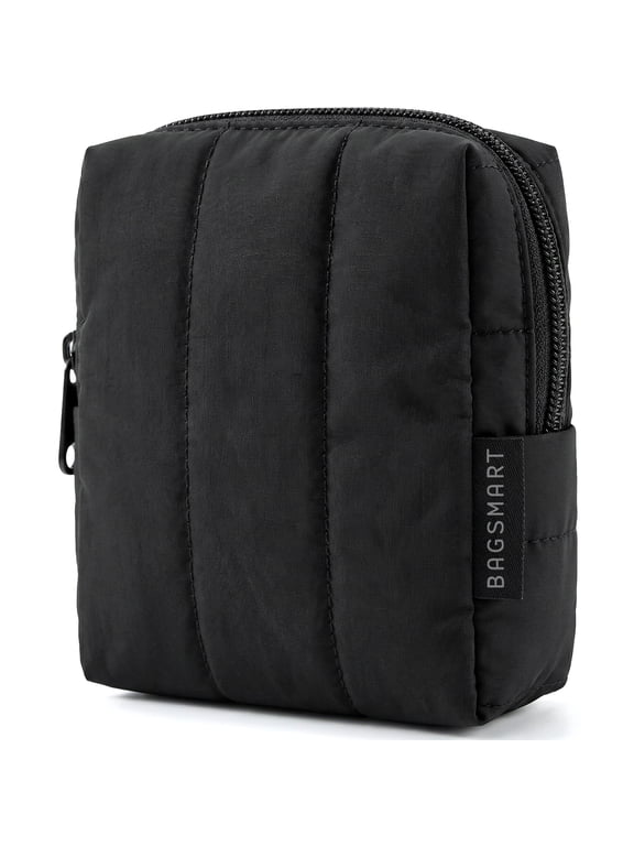 Small Travel Makeup Bag for Purse Toiletry Pouch, Puffy Padded Mini Cosmetics Bag, Cute Make Up Pouch for Women with Slip-in Pocket, Travel Essentials for Toiletries, Black