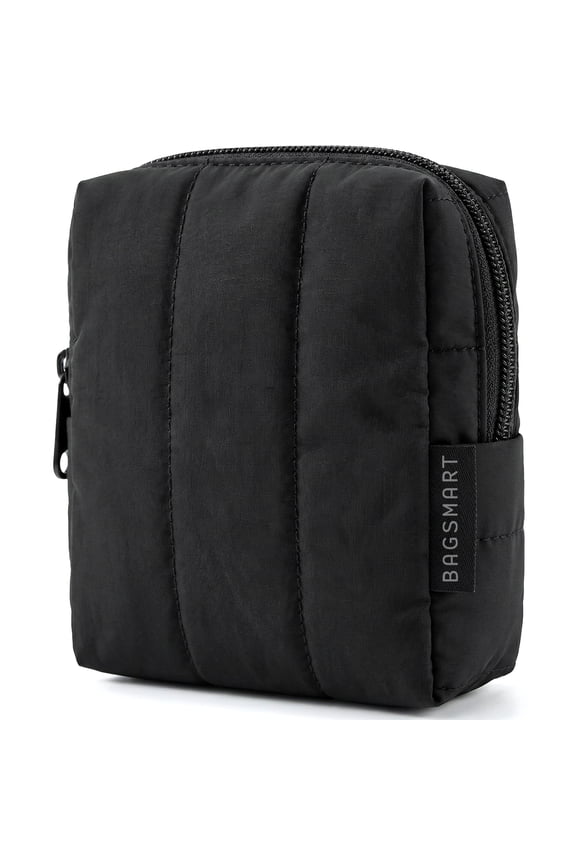 Small Travel Makeup Bag for Purse Toiletry Pouch, Puffy Padded Mini Cosmetics Bag, Cute Make Up Pouch for Women with Slip-in Pocket, Travel Essentials for Toiletries, Black