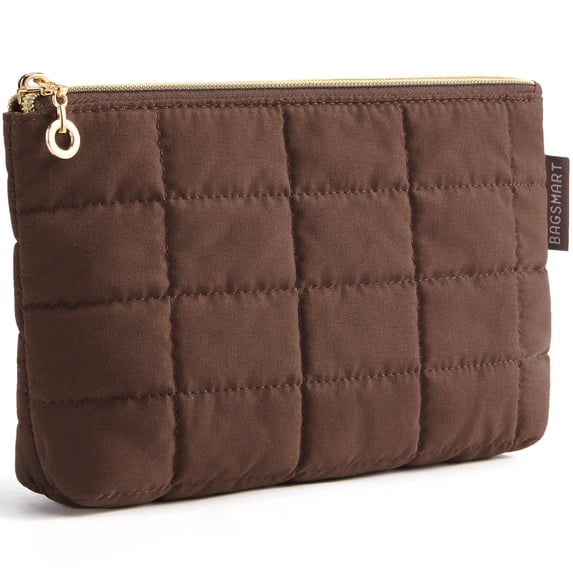 BAGSMART Small Makeup Bag, Water-Resistant Cosmetic Pouch Puffy Portable Travel Organizer for Women, Grid Quilted Coffee