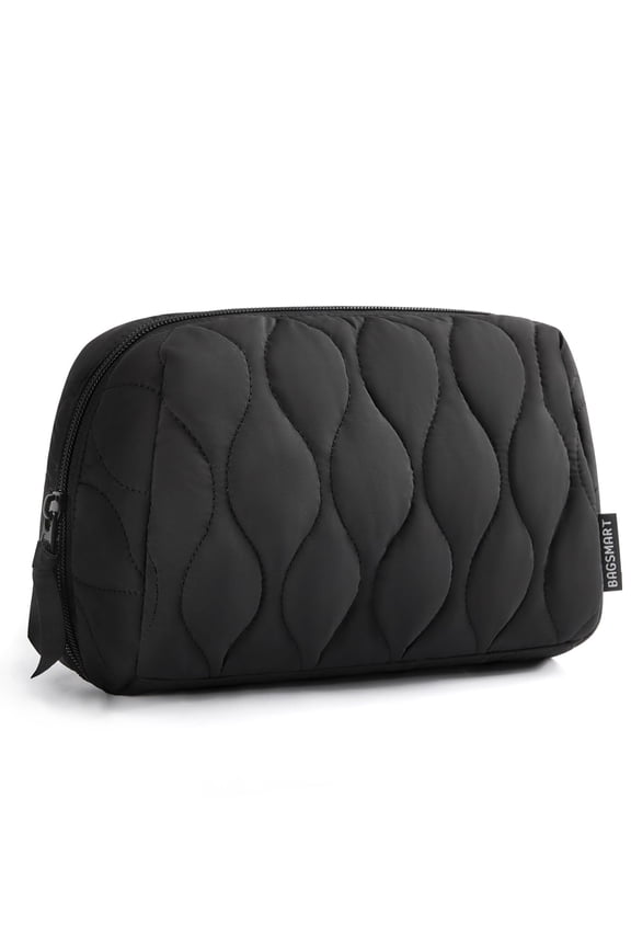 Makeup Bag, Travel Cosmetic Bag, Puffy Padded Make Up Bag for Women, Makeup Organizer Case, Wide-open Pouch Purse, Travel Essentials, Toiletries Accessories Brushes, Black