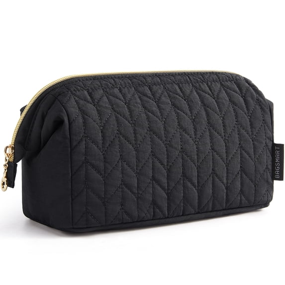 BAGSMART Wide-open Makeup Bag Cosmetic Pouch Organizer Travel Toiletry Bag Essentials Accessories for Women Girls, Leaf Quilted - Black
