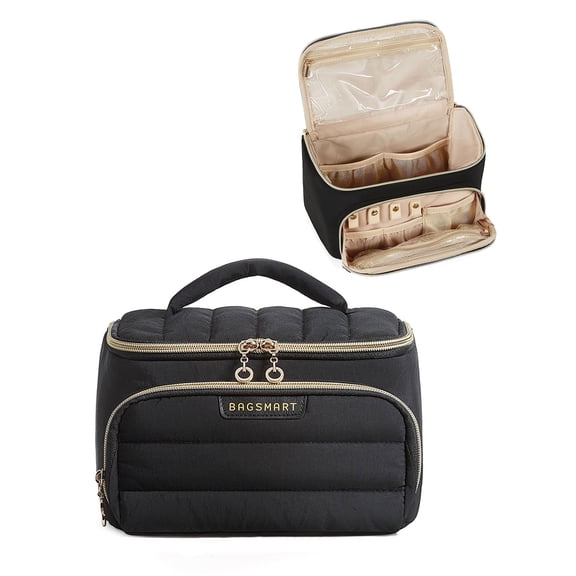 BAGSMART Travel Makeup Bag with Jewelry Organizer, Portable Make Up Bag, Puffy Wide-Opening Cosmetic Storage Pouch for Women’s Toiletries and Travel Essentials, Black