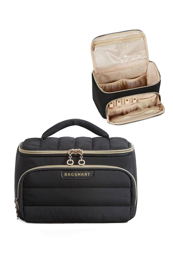 Travel Makeup Bag with Jewelry Organizer, Portable Make Up Bag, Puffy Wide-Opening Cosmetic Storage Pouch for Women’s Toiletries and Travel Essentials, Black